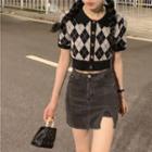 Short-sleeve Polo Collar Plaid Knit Cropped Top Black - One Size