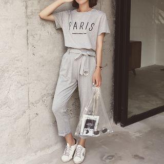 Set: Lettering Short Sleeve T-shirt + Tie Waist Pants