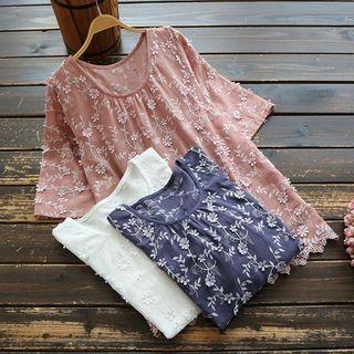 3/4-sleeve Embroidered Floral Tunic