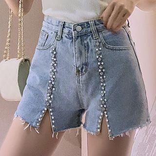Rhinestone Slit Frayed Hem Wide-leg Denim Shorts
