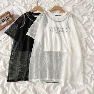 Set: Lettering Crop Tank Top + Short-sleeve Mesh Top