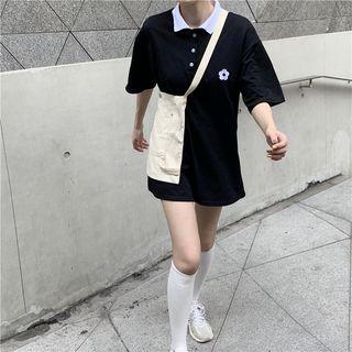 Elbow-sleeve Embroidered Flower Mini Polo Dress