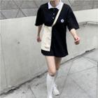 Elbow-sleeve Embroidered Flower Mini Polo Dress