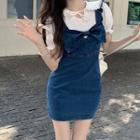 Short-sleeve Ruffle Blouse / Spaghetti Strap Denim Sheath Dress