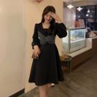Puff-sleeve Mesh Bow A-line Dress