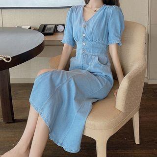 Denim Puff-sleeve Button Midi A-line Dress