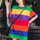 Elbow-sleeve Rainbow Striped T-shirt / Accordion Pleat Midi Metallic Skirt