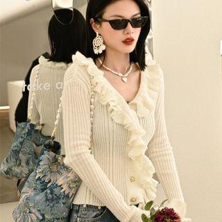 Plain Ruffle Ribbed Top White - One Size