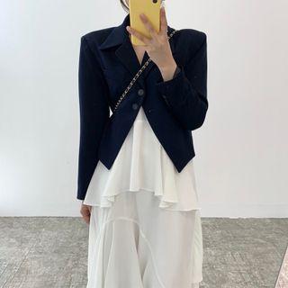 Plain Blazer / Spaghetti Strap Layered Midi A-line Dress