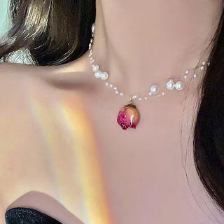 Rose Necklace 1pc - White & Brown - One Size