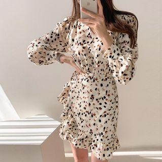 Ruffle Hem Printed Long-sleeve Sheath Dress