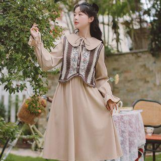 Set: Floral Embroidered Striped Knit Vest + Plain Peter Pan Collar Dress