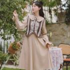 Set: Floral Embroidered Striped Knit Vest + Plain Peter Pan Collar Dress