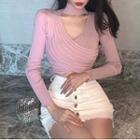 Choker Cropped Knit Top / Buttoned Mini Denim Skirt