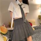 Plain Blazer / Crop Shirt / Pleated Mini A-line Skirt
