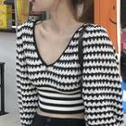 V-neck Two Tone Sweater Chevron & Stripes - Black & White - One Size