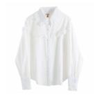 Long-sleeve Lace Trim Shirt White - One Size