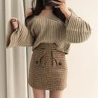 Bell-sleeve Sweater / Plaid Mini Skirt