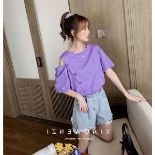 Cold-shoulder Drawstring-hem Cropped T-shirt