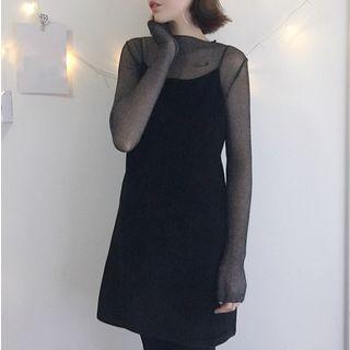 Set: Sheer Long-sleeve Top + Spaghetti-strap Dress