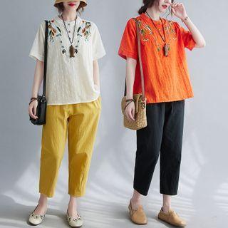 Short-sleeve Floral Embroidered Henley Blouse / Cropped Harem Pants / Set