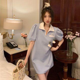 Puff-sleeve Floral A-line Polo Dress