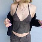 Halter Neck Striped Open-front Cropped Camisole Top