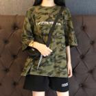 Elbow-sleeve Camouflage Print T-shirt / Lettering Shorts