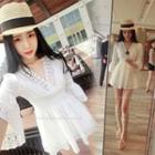 3/4-sleeve Lace V-neck A-line Mini Dress White - One Size