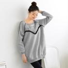 Embroidered Fringed Oversized Pullover Light Gray- One Size