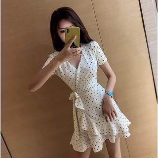 Dotted Short-sleeve Ruffled A-line Dress