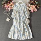 Long-sleeve Floral Chiffon Dress Flower - Blue - White - One Size