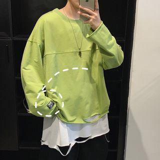 Distressed Panel Hem Long-sleeve Top