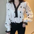 Puff-sleeve Fringed Dotted Blouse White - One Size