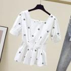Short-sleeve Flower Embroidered Peplum Blouse