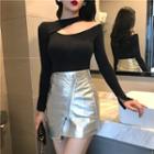 Cutout Long-sleeve T-shirt / Faux-leather A-line Skirt