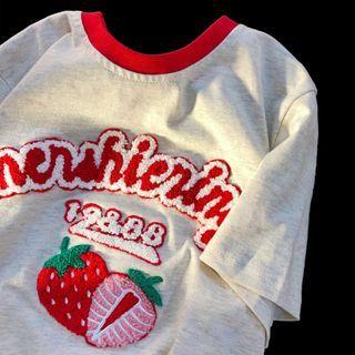 Round-neck Strawberry Short-sleeve Top Light Gray - One Size