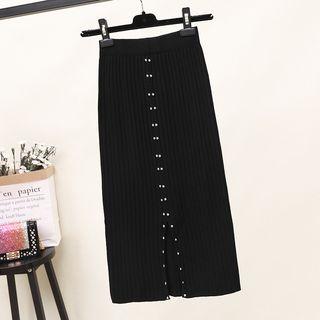 Knit Buttoned Midi H-line Skirt Black - One Size