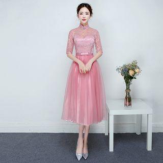 Lace Mandarin Collar Elbow Sleeve Dress