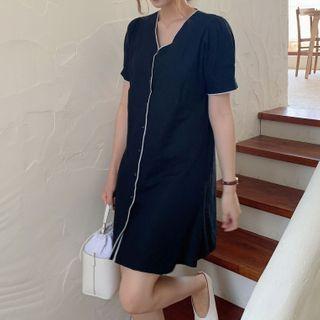 Contrast Trim Short-sleeve V-neck Button Mini A-line Dress
