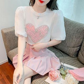 Puff-sleeve Sequined Heart T-shirt