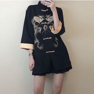 Traditional Chinese 3/4-sleeve Dragon Embroidered Top As Shown In Figure - One Size