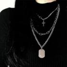 Alloy Tag & Cross Pendant Layered Necklace Silver - One Size