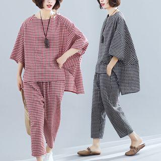 Set : Plaid Batwing-sleeve Top + Plaid Pants