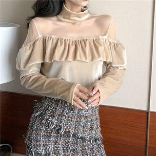 Long-sleeve Mesh Panel Ruffle Trim Velvet Top