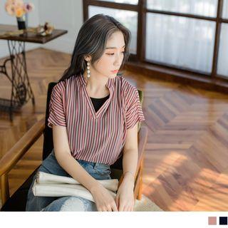 Mock Two Piece V-neck Striped Top