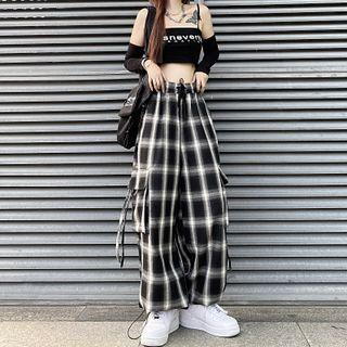 Drawstring Waist Plaid Cargo Wide-leg Pants