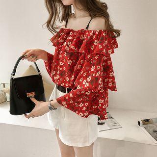 3/4-sleeve Off Shoulder Floral Print Blouse