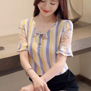 Lace Panel Striped Short-sleeve Chiffon Blouse