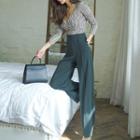 Set: Long-sleeve Print Back-zip Top + Plain Wide-leg Pants
